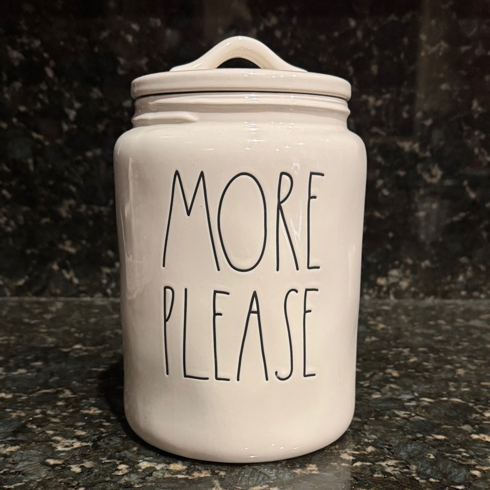 White Ceramic Canister with 'More Please' Text
